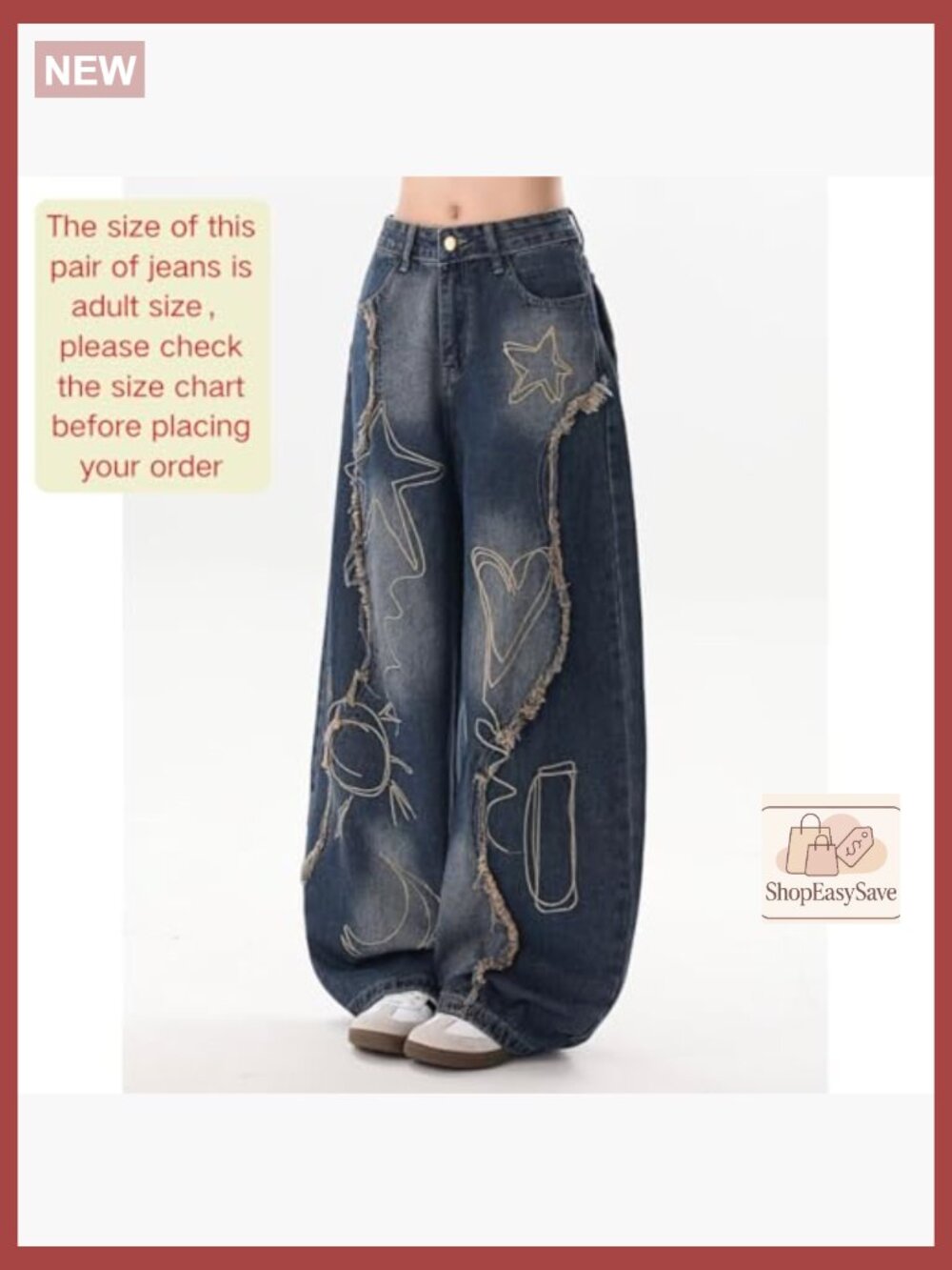 Embroidered Patchwork Barrel Jeans Wide Leg Baggy Denim Pants Y2K Trendy - Picture 4 of 7